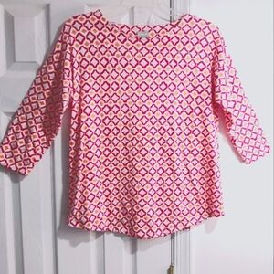 Chico's Cotton Top Half Sleeve Geometric Print Pink/White Size Medium Multicolor